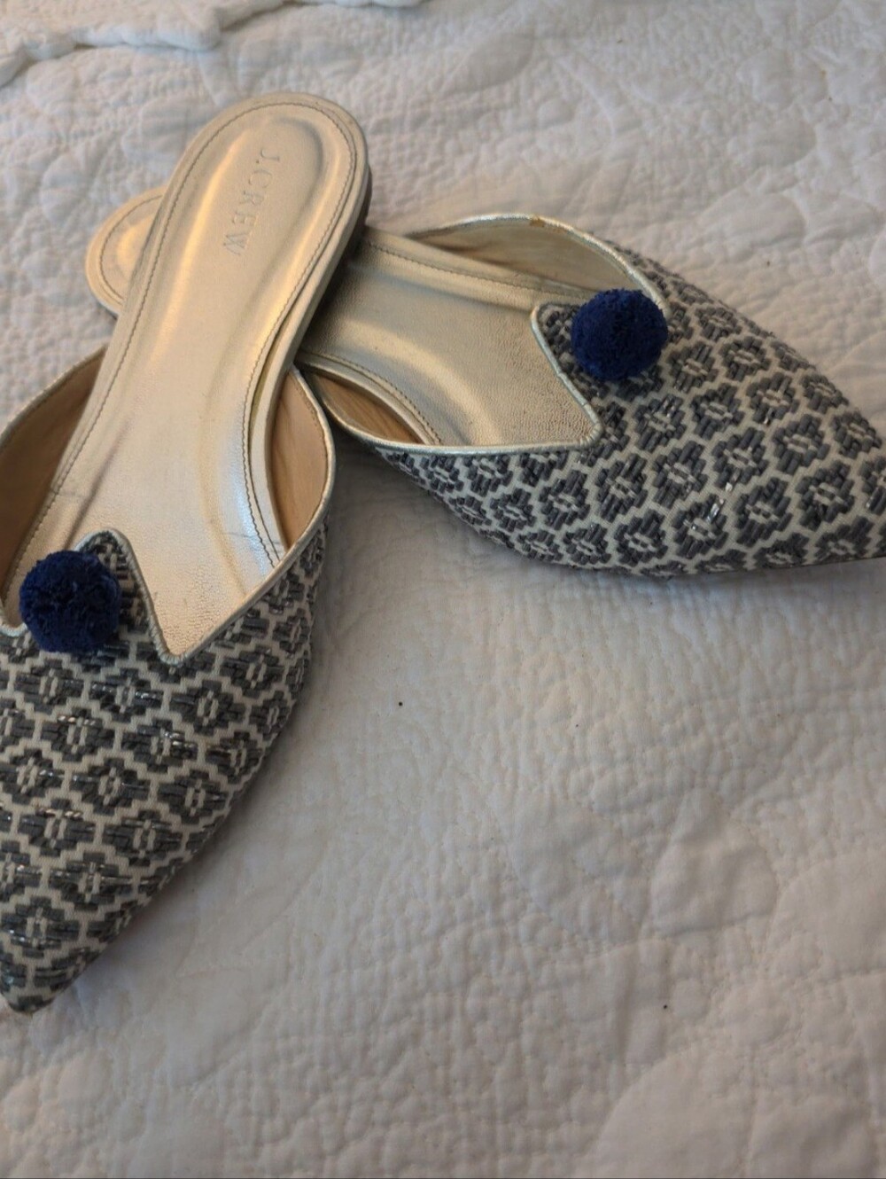 J. Crew Pointed Slip-On Mules with Blue Pom Accent